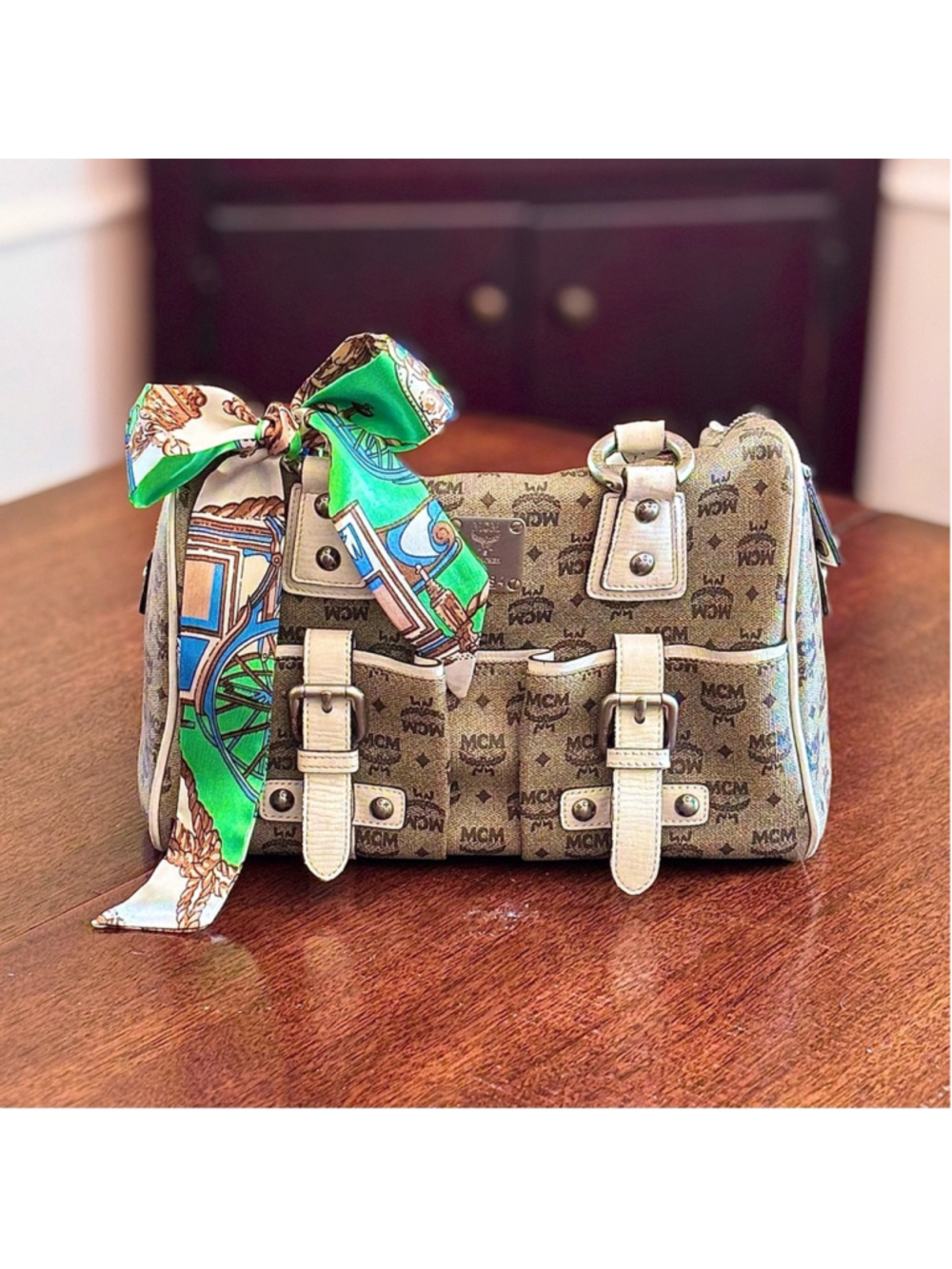 MCM LEATHER BOSTON BAG VISETOS MONOGRAM PRINT IN TAN WITH CREAM TRIM EUC